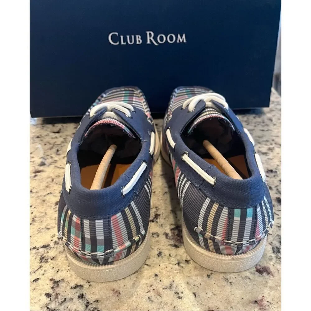 Clubroom Mens Blue Plaid Padded Elliot Round Toe Lace-Up Boat Shoes